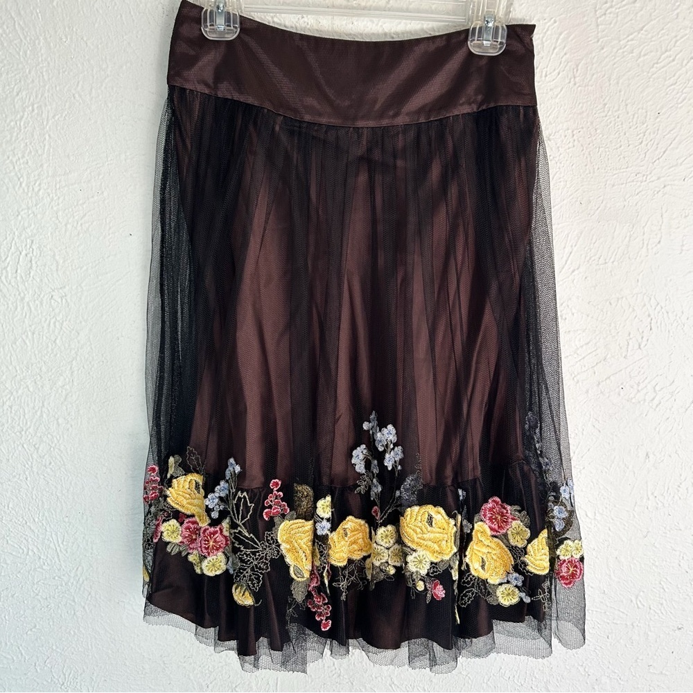 Karen Millen Y2K tulle Floral Midi Skirt Fairycore Whimsigoth Brown Black Sz 4